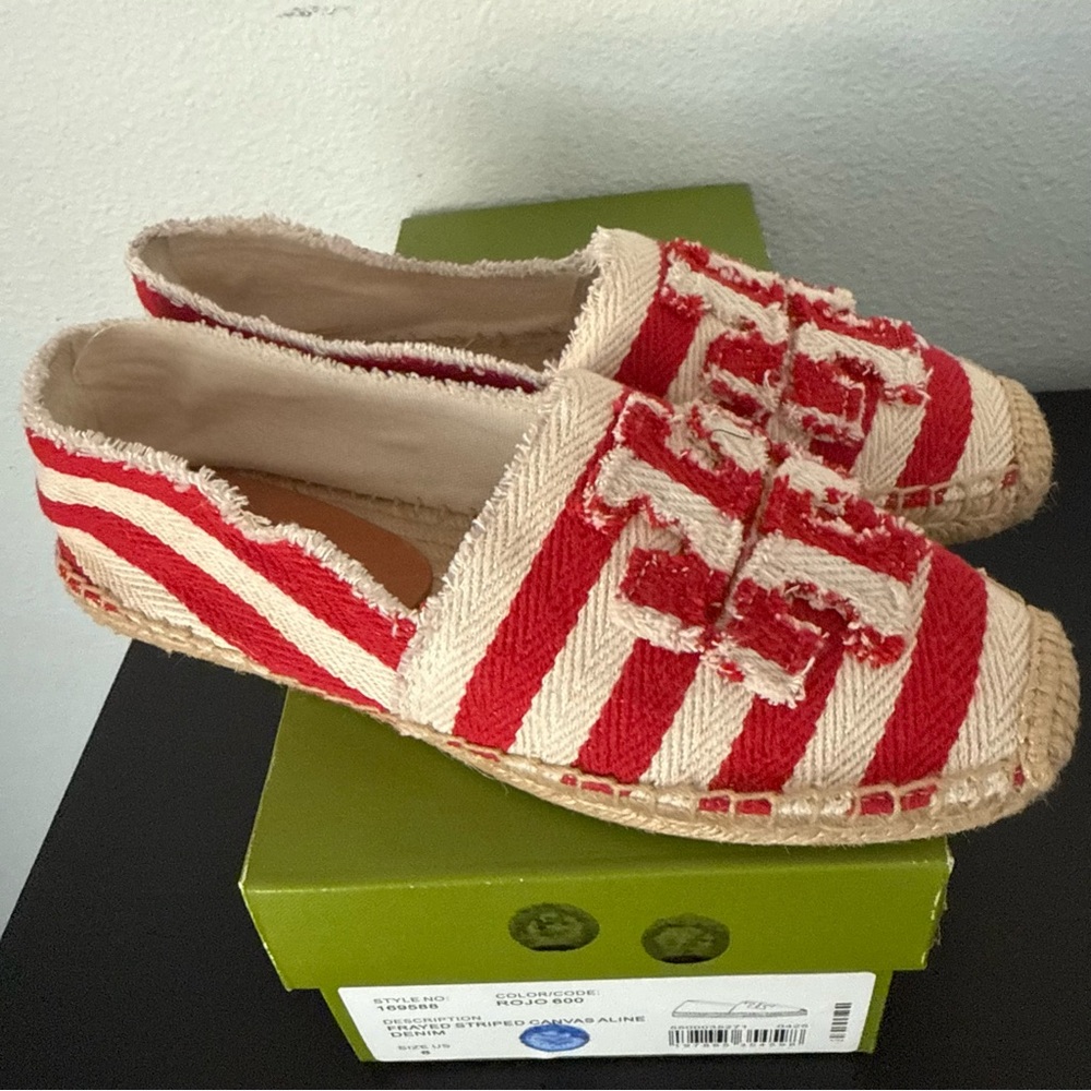 NEW TORY BURCH Fray Stripe Espadrille Flat In Red White Canvas